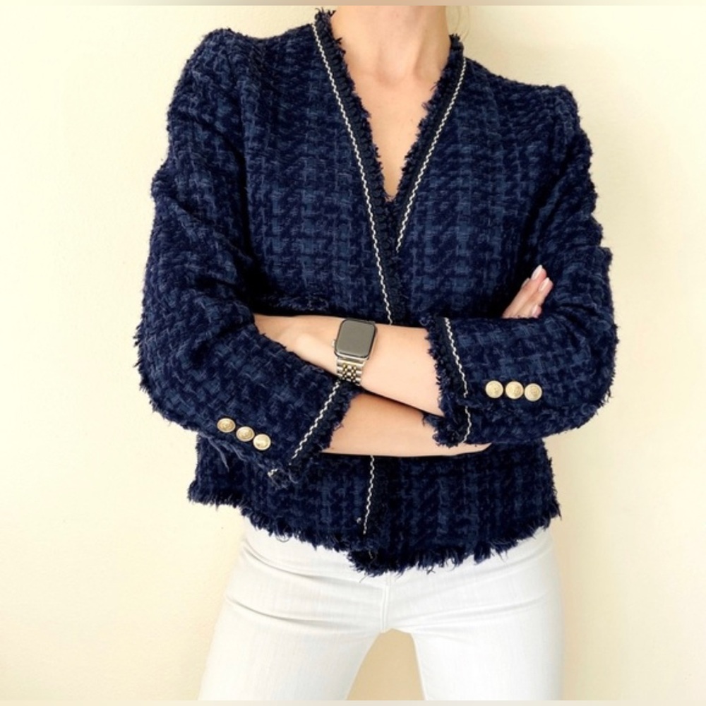 Zara Navy Tweed Blazer with Gold Buttons - Picture 6 of 10